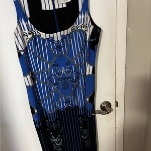 Elegant Versace Blue and Black Patterned Dress
